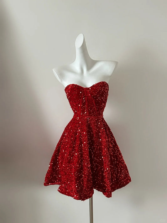 Robe de soirée courte rouge brillante à paillettes, tenue de fête d'anniversaire gh3797