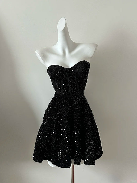 Robe de soirée courte noire brillante à paillettes, tenue de fête d'anniversaire gh3798