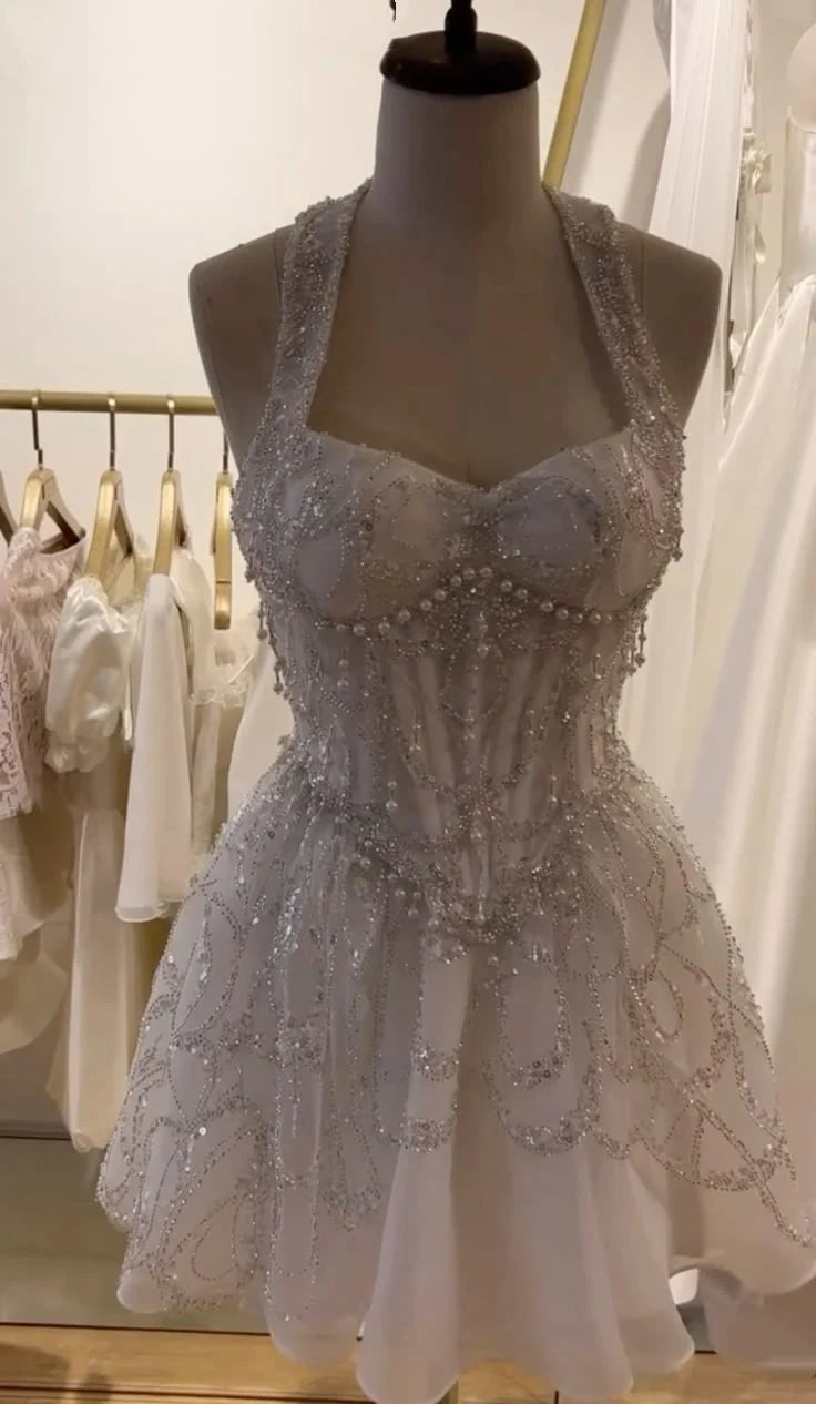 ✨Girlhomeshops🔥 Discount: 5% off orders over $100-Ivory White Beaded Sweet Short Tulle Homecoming Dress Prom Party Dress gh4979