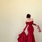 girlhomeshops- Red Long Sleeve Off-The-Shoulder Bodycon Satin Floor-Length Ball Gown Prom Dress gh5961