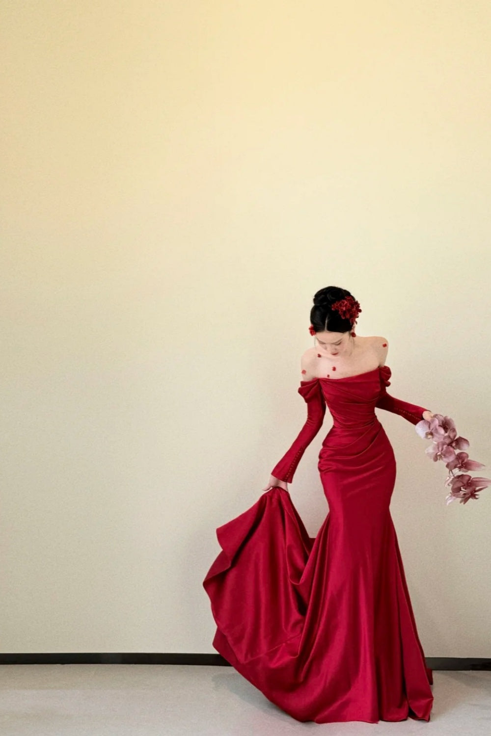 girlhomeshops- Red Long Sleeve Off-The-Shoulder Bodycon Satin Floor-Length Ball Gown Prom Dress gh5961