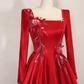 Crimson Satin Square-Neck Long-Sleeve 3D Flower Train Gown gh6387