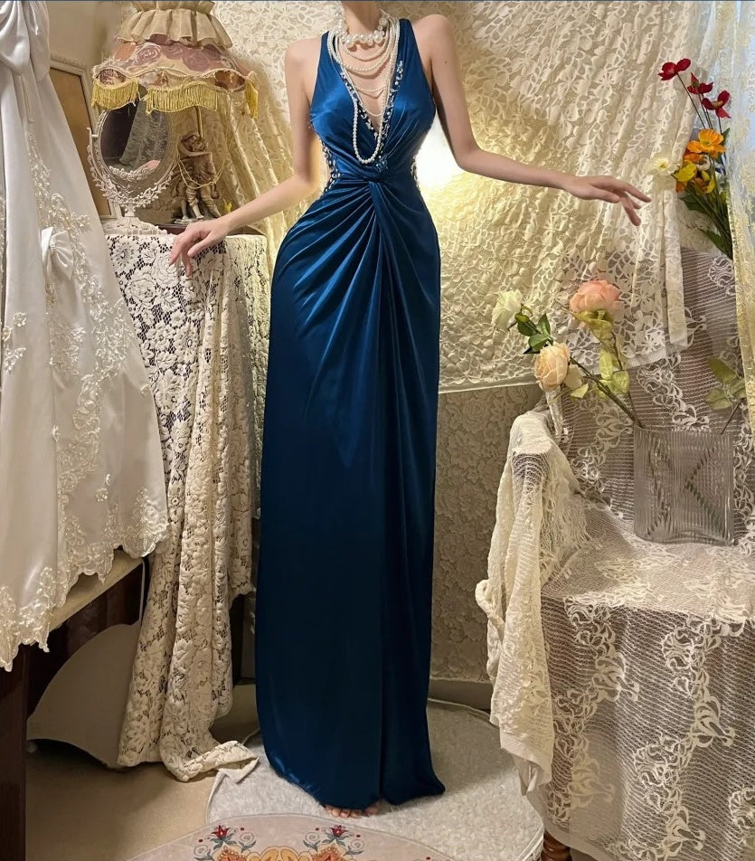 Blue Beaded Elegant Long Satin Ball Gown Evening Gown Party Dress gh4460