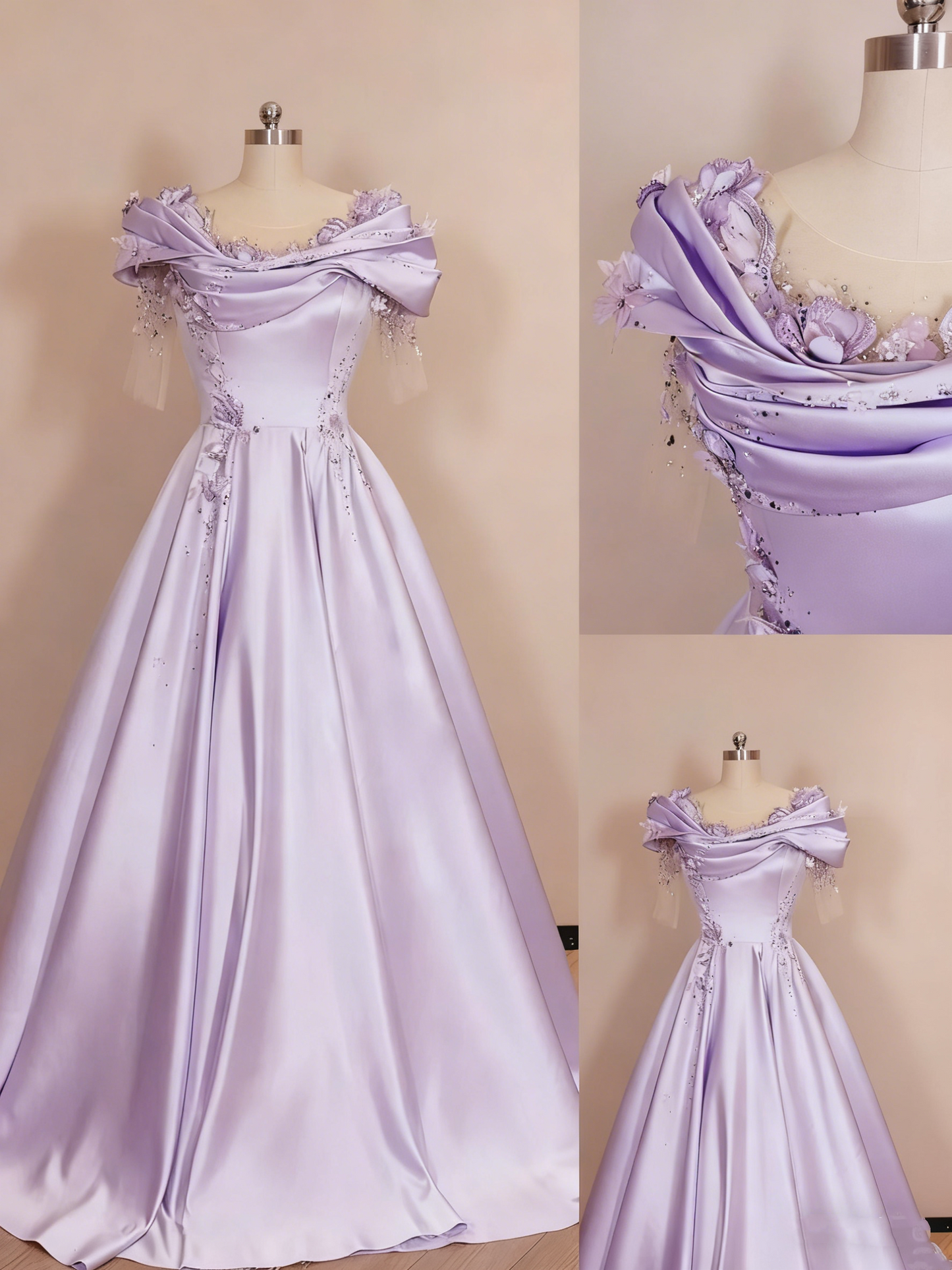 Abendkleid aus lilafarbenem Satin mit schulterfreiem 3D-Blumenmuster und Schleppe gh6388