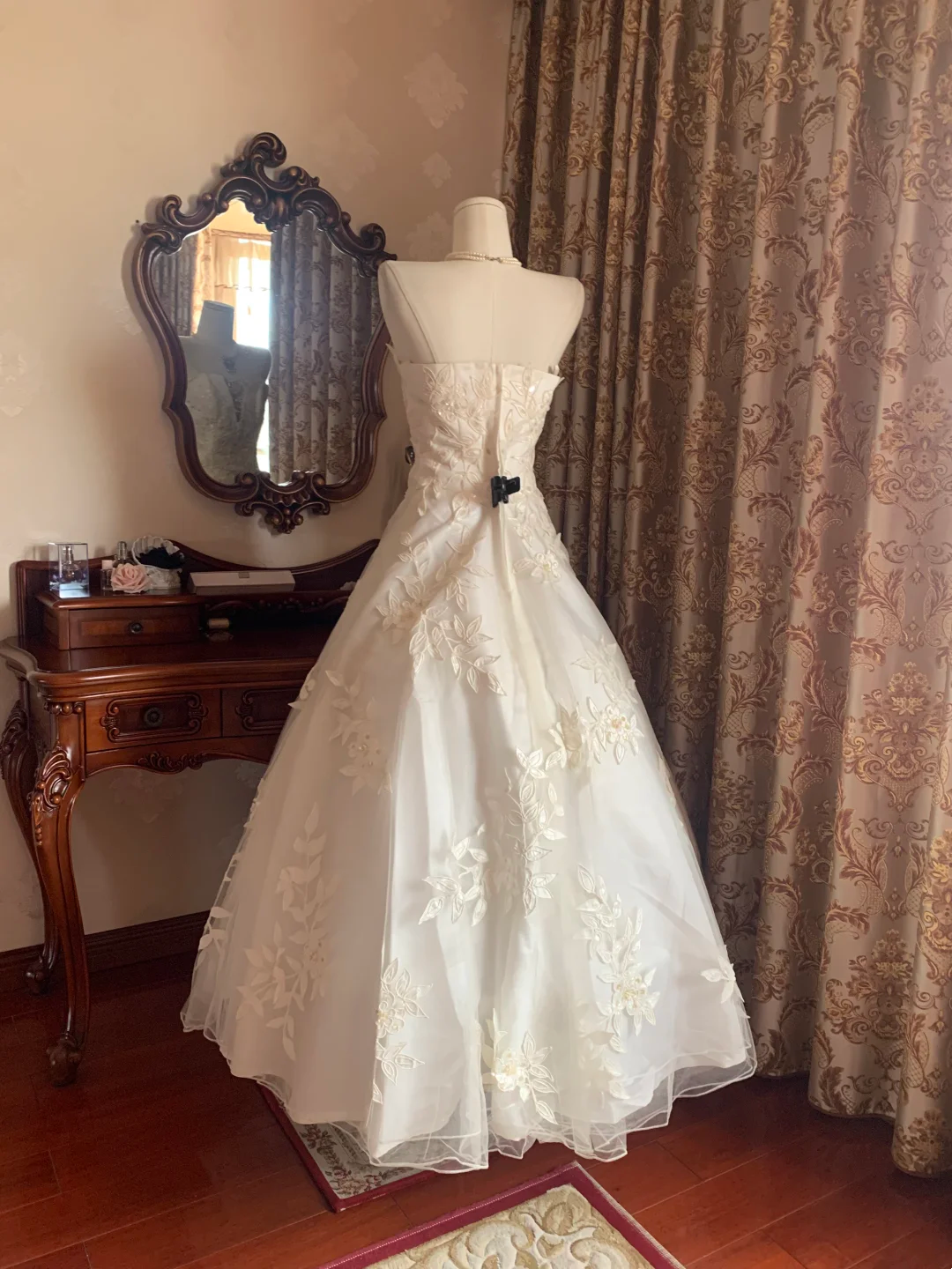 Ivory Strapless Printed Fitted Waist Voluminous Skirt Prom Gown, Birthday Dress, Bridal Wedding Gown gh7267