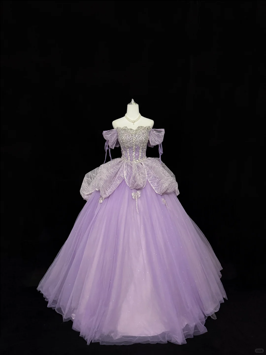 Lavender Off-the-Shoulder Rhinestone Cinched Waist Voluminous Skirt Long Romantic Dress, Wedding Gown gh7833