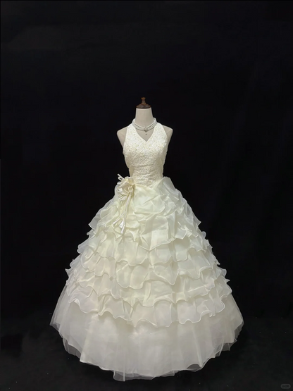 Off-white Halter Romantic Gown, Cinched Waist, Voluminous Tiered Cake Skirt, Wedding Dress & Bridal Gown gh8176