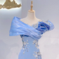 Light Blue Waist-Cinched Fitted Beaded Elegant Evening Dress, Fairy Gown, Romantic Gown gh7384