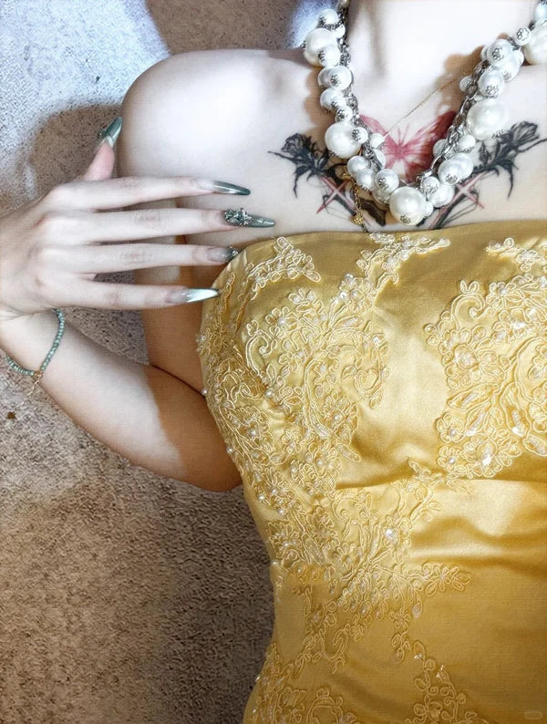 Yellow gorgeous exquisite beaded long satin ball gown evening dress party dress gh4499