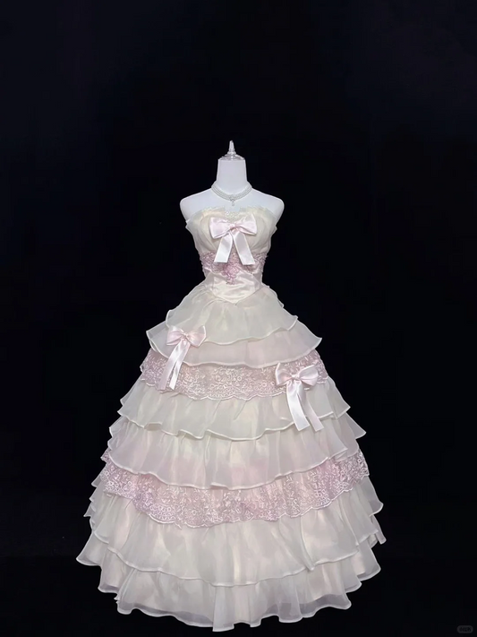 Blush Pink Strapless Cinched Waist Voluminous Tiered Skirt Long Romantic Dress, Wedding Gown gh8002