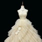 Light Yellow Strapless Cinched Waist Voluminous Tiered Skirt Long Romantic Dress, Wedding Gown gh7956