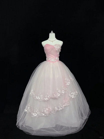Blush Pink Strapless Embroidered Cinched Waist Voluminous Princess Skirt Long Romantic Dress, Wedding Gown gh8052