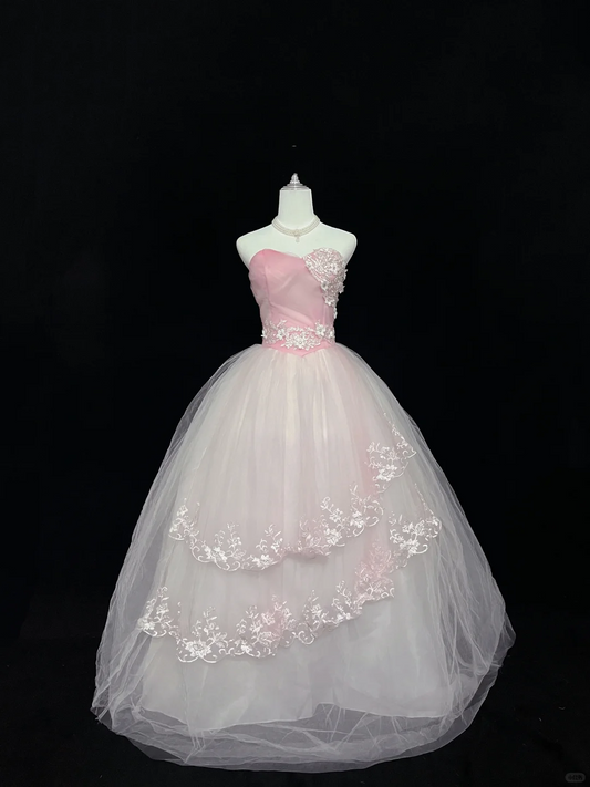 Blush Pink Strapless Embroidered Cinched Waist Voluminous Princess Skirt Long Romantic Dress, Wedding Gown gh8052