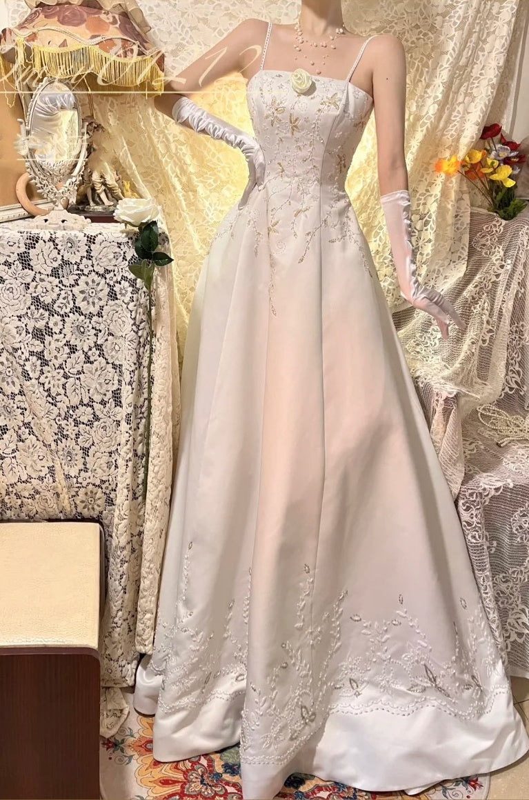 Weiß und gelb exquisite Perlendekoration langes Satin Ballkleid Abendkleid Brautkleid gh4509