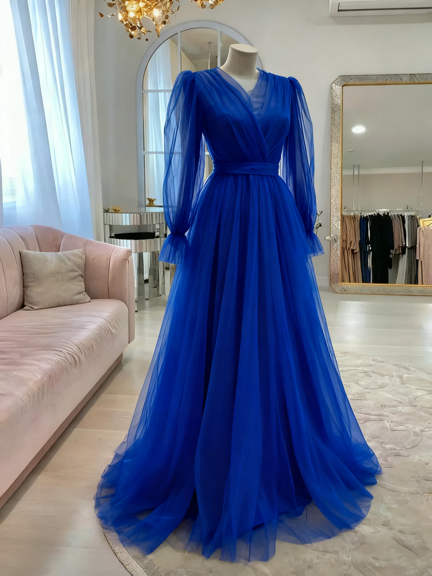 Robe de soirée longue en tulle rose de haute qualité, simple et élégante, à manches longues, robe de bal, robe de mariée, robe d'invitée, robe de gala Gh2215