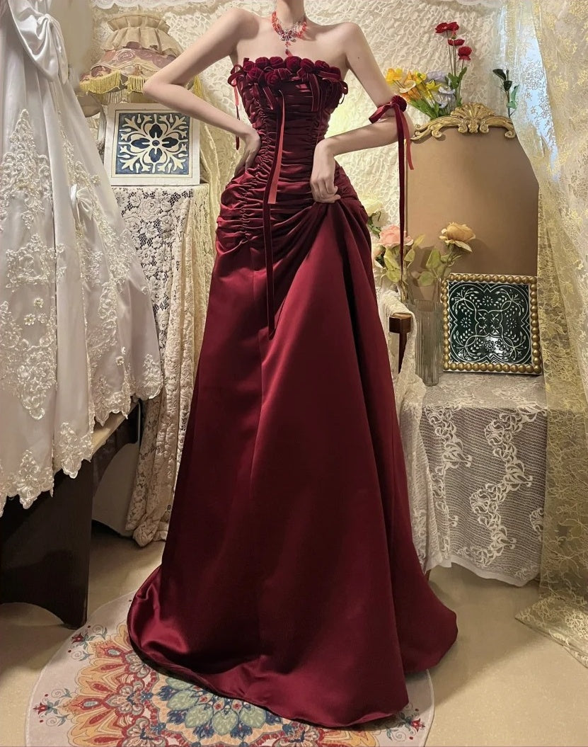Burgunderrotes Vintage-Blumenkleid, lang, Satin, Ballkleid, Geburtstagspartykleid, Abendkleid, gh4412