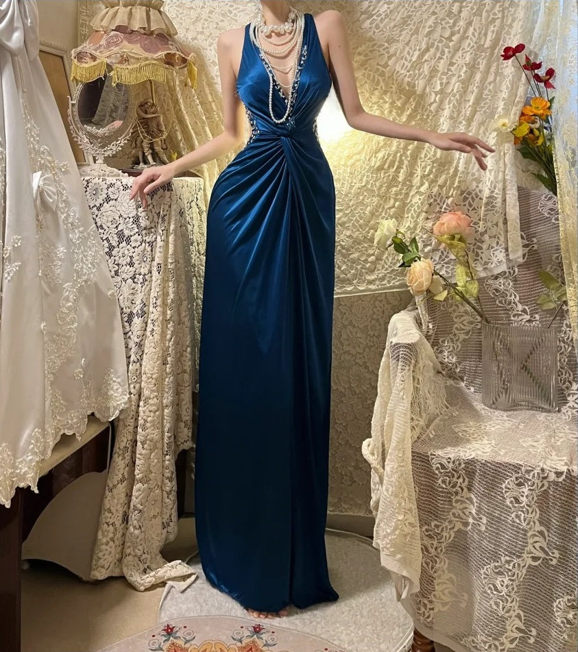 Robe de bal longue en satin bleu rétro élégante et tendance, robe de soirée, robe de remise de diplôme, gh4257
