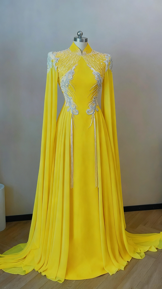 Bright Yellow Satin Mandarin Collar Long-Sleeve Beaded Mother's Formal Evening Gown gh6392