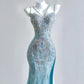 Girlhomeshops--Aqua blue mermaid tail exquisite beaded long floor-length tulle prom dress gh5484