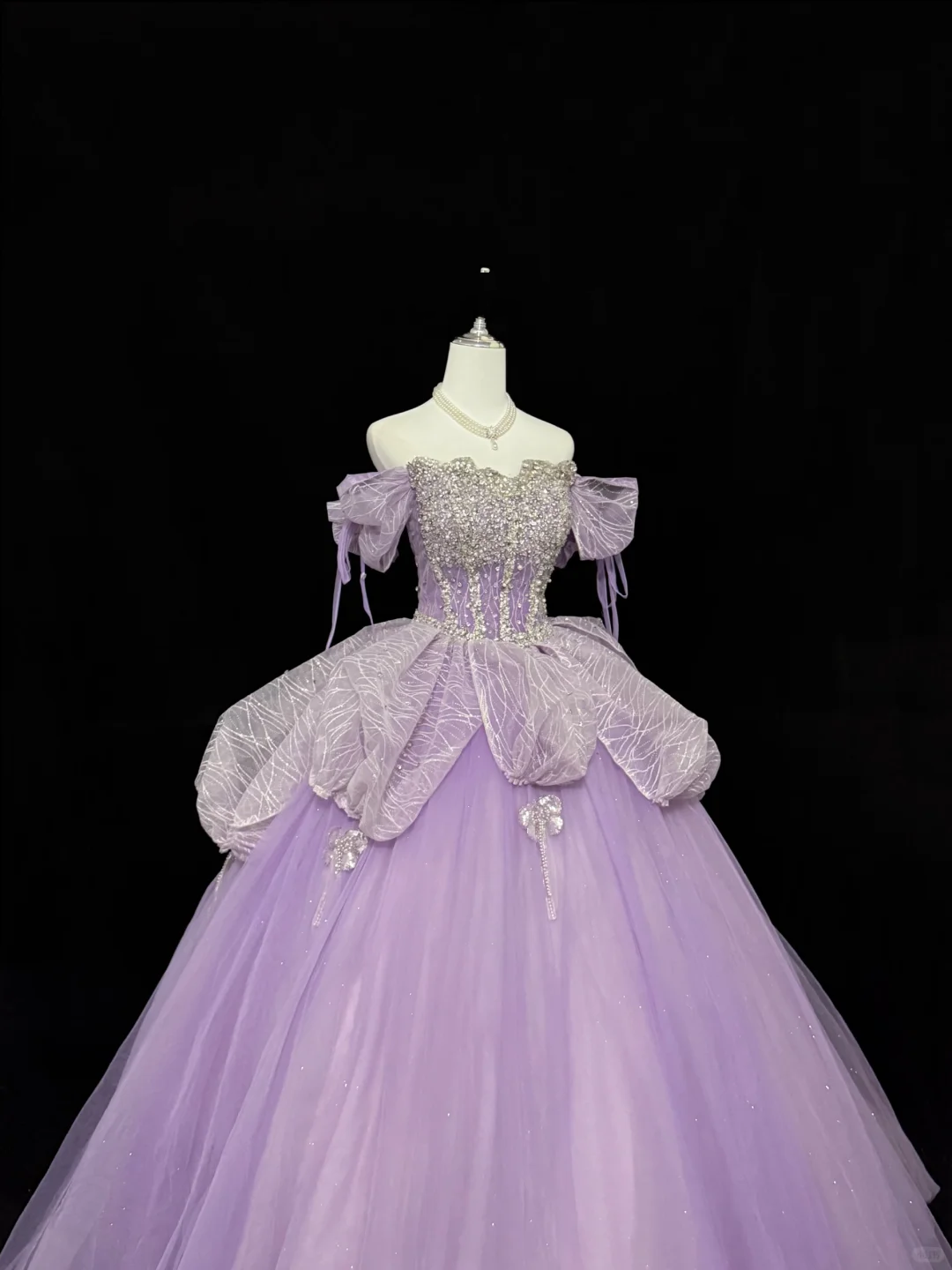 Lavender Off-the-Shoulder Rhinestone Cinched Waist Voluminous Skirt Long Romantic Dress, Wedding Gown gh7833