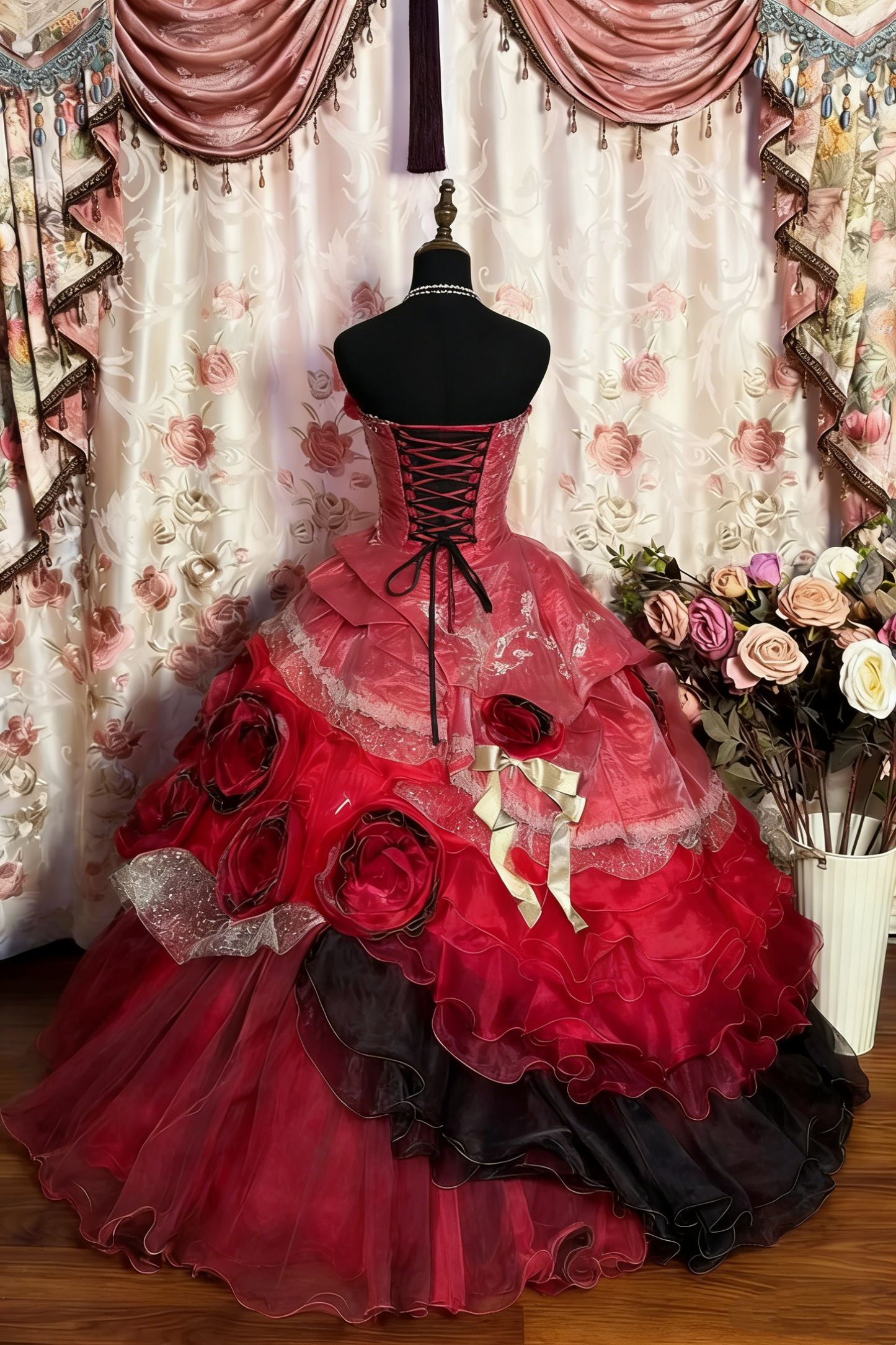 Red Vintage Floral Beaded Long Tulle Ball Gown gh4950