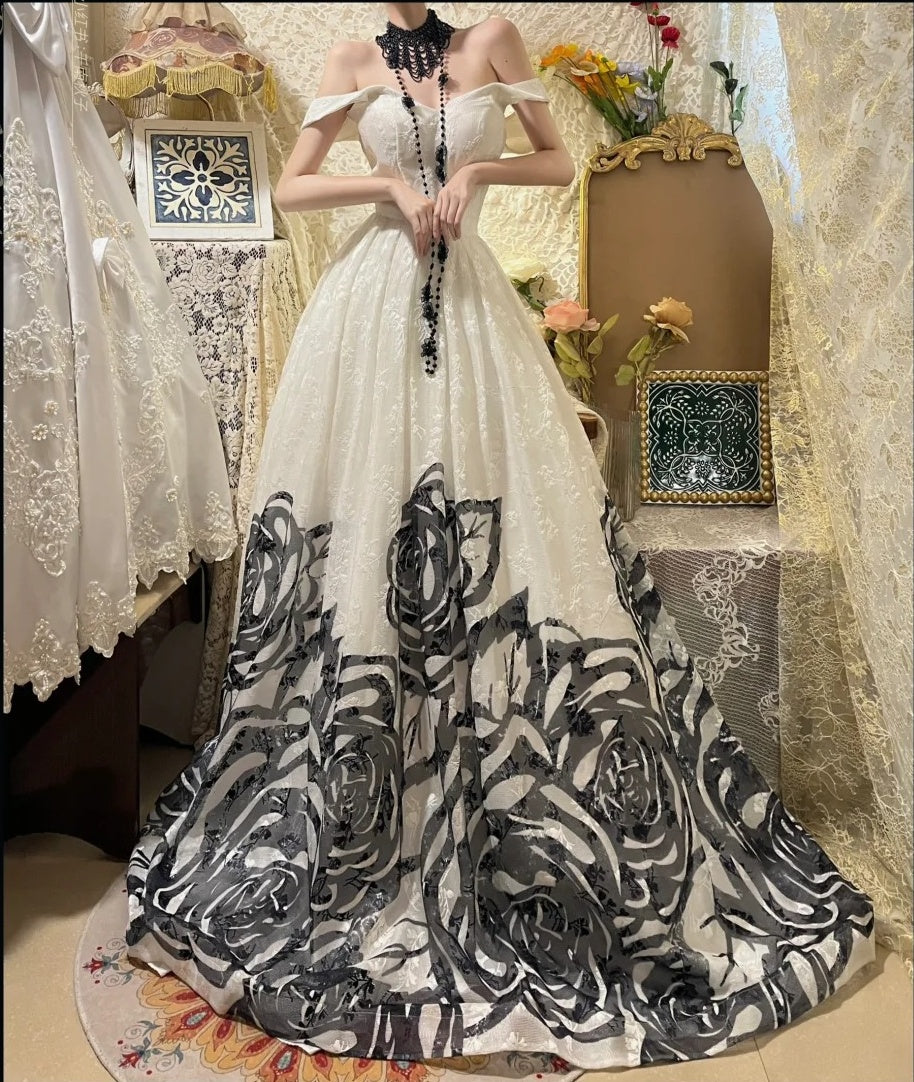 ♣️Blooming black roses gorgeous retro dark night rose dress Hepburn-feel long tulle ball gown evening dress gh4338