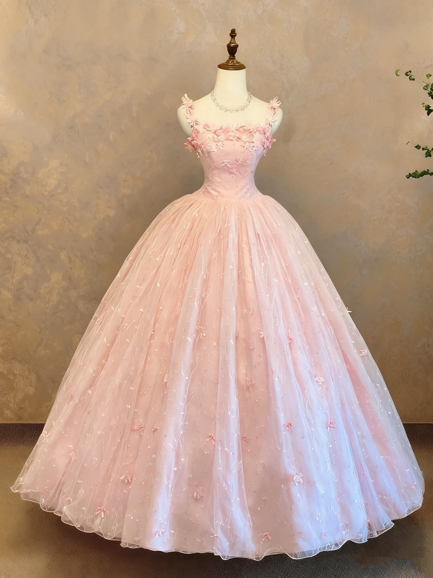 girlhomeshops - Robe de cour longue sans manches à fines bretelles, en tulle rose clair ornée de fleurs 3D (gh6362)
