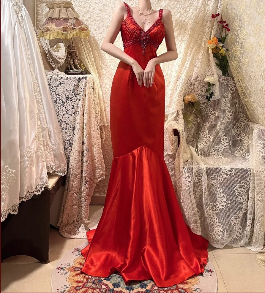 Robe de bal longue en satin rouge vintage à fleurs, robe de soirée d'anniversaire, gh4413