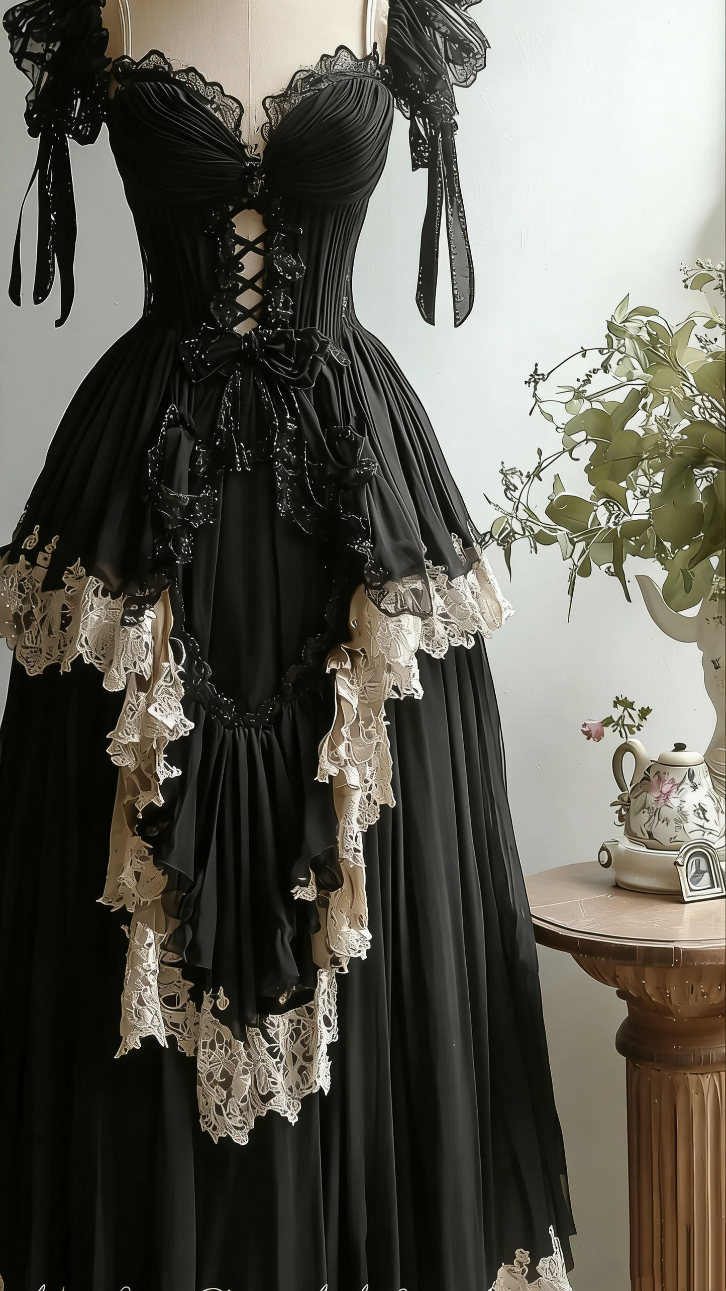 Schwarzes Ballkleid im düsteren Gothic-Stil aus Tüll und cremefarbener Spitze mit Schnürung – Hexen-Mottoparty &amp; Lolita-Teekleid gh6554
