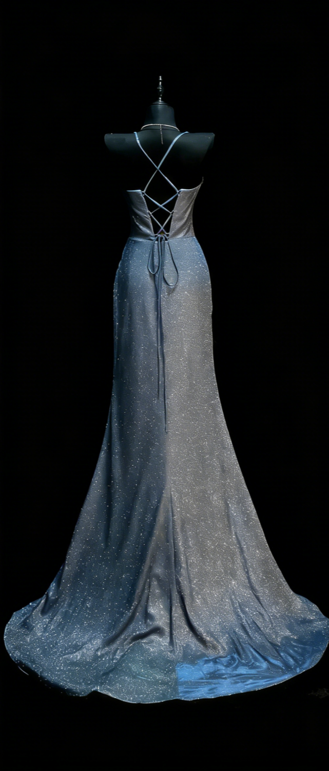 Robe sirène dos nu bleu scintillant style galaxie irisée - Robe de soirée et tapis rouge sur le thème des étoiles gh6570
