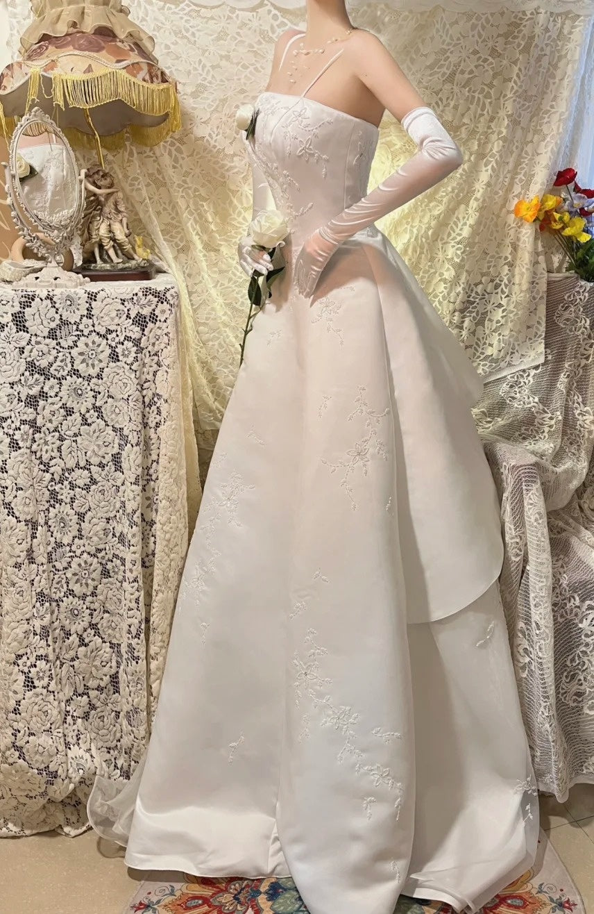 White exquisite bead long satin ball dress, evening dress, wedding dress gh4511