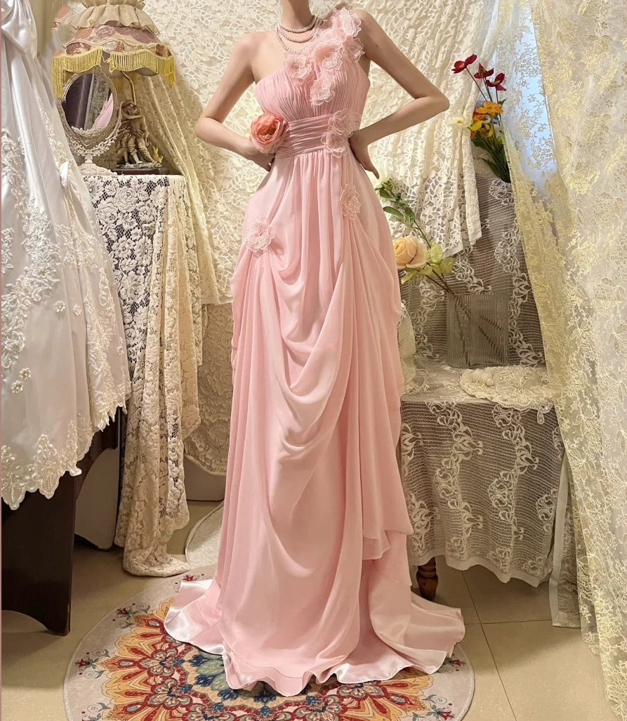 Rosa Mode Eine Schulter Lange Chiffon Ballkleid Abendkleid gh4430