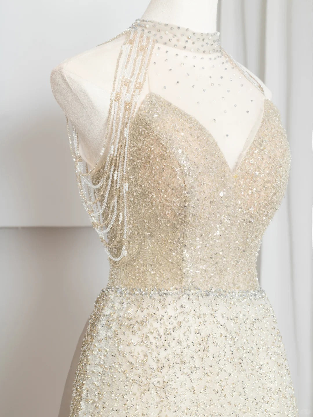 Champagner-Gold glänzendes elegantes Tüll langes Ballkleid Abendkleid Partykleid gh4870