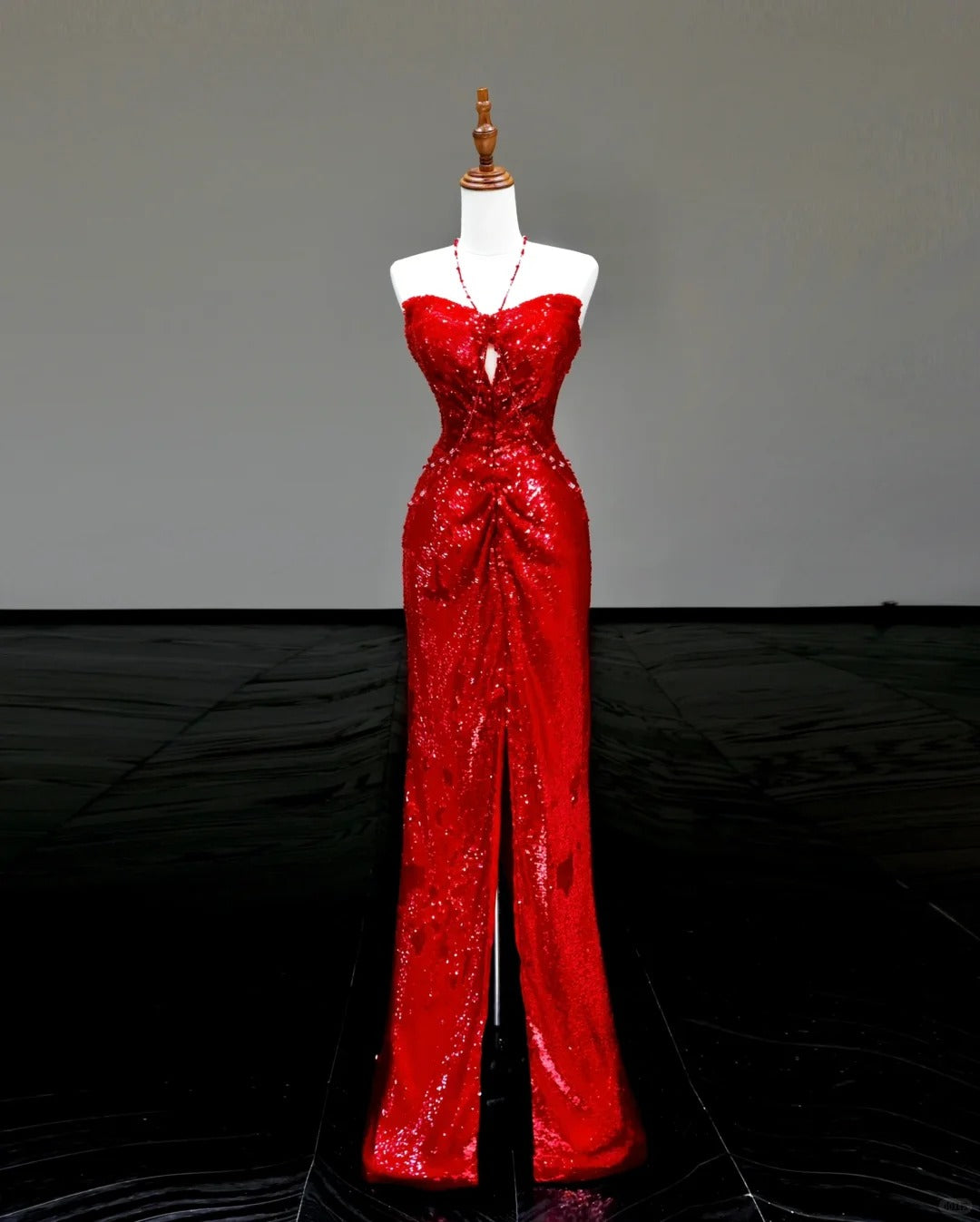 Girlhomeshops - Robe de soirée longue rouge sexy à bretelles et paillettes, élégante, gh5123