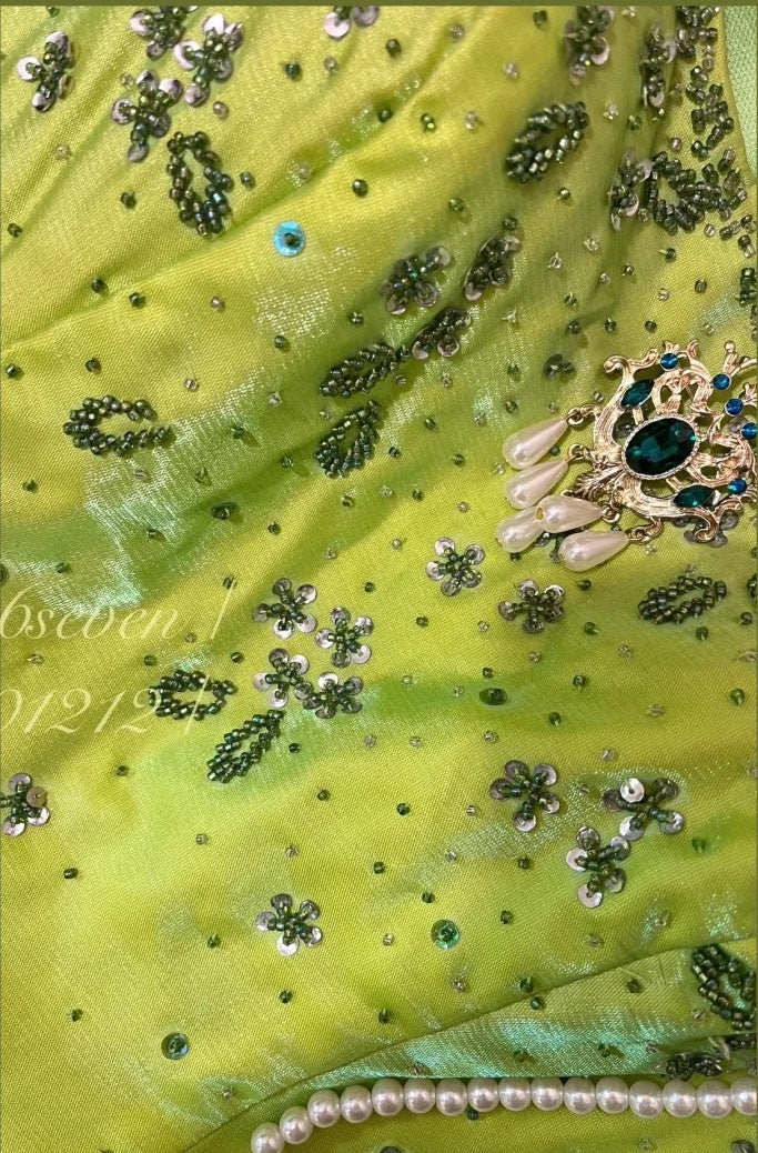 Robe de soirée longue en satin et tulle, style vintage, verte, exquise, perlée, motif floral, gh4433