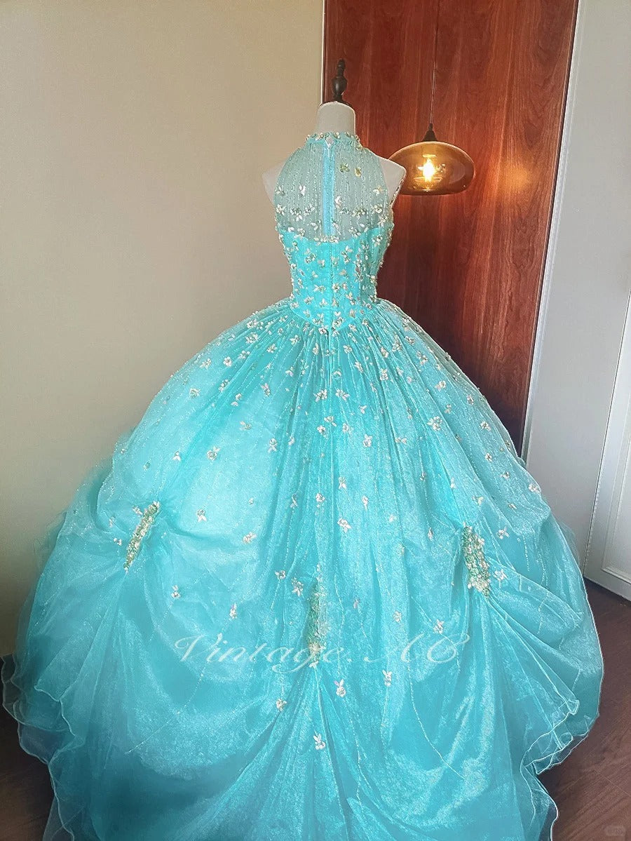 Girlhomeshops - Robe de bal longue en tulle vert menthe à paillettes et perles florales, longueur au sol, gh5300