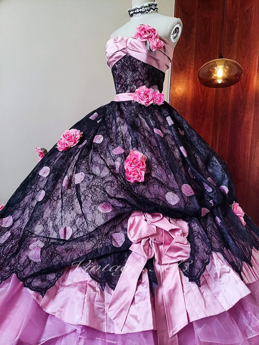 Girlhomeshops-Pink Floral Lace Tulle Floor-Length Ball Gown gh5302