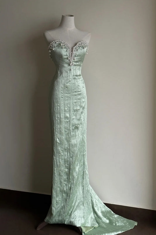 Robe de soirée longue en satin vert ornée de perles exquises gh6808