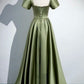 Vintage Olive Green - Square Neck Puff Sleeve Satin Gown, Waisted Flare Socialite Evening Dress  gh7074