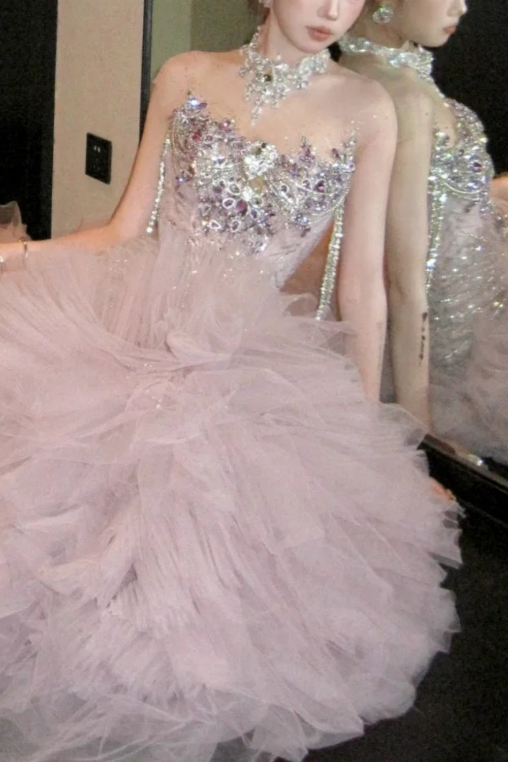 Robe de soirée sirène longue en mousseline rose, luxueuse et ornée de perles, coupe ajustée, gh6758
