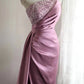 Robe longue élégante en satin rose à perles gh6644