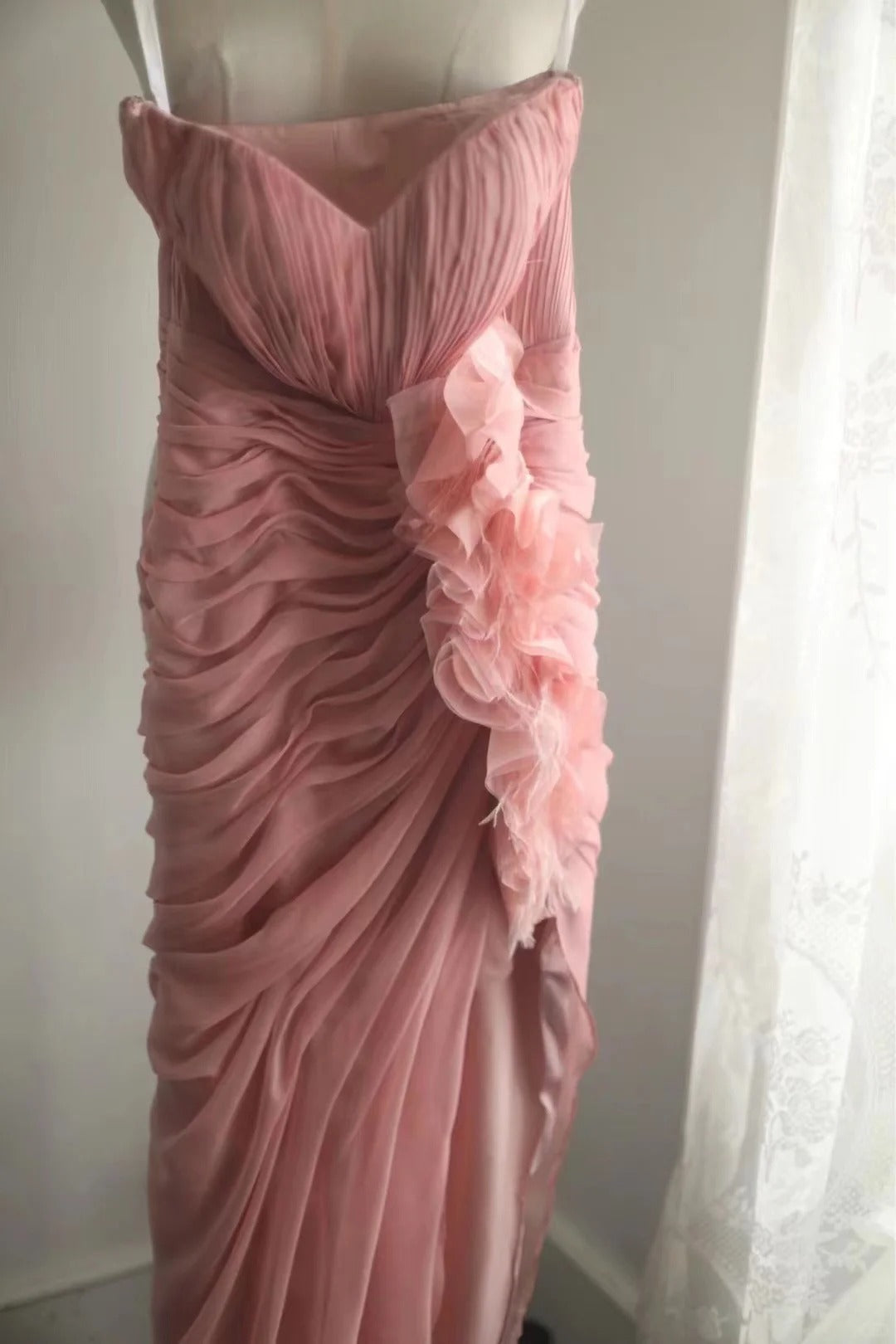 Robe de soirée longue en tulle rose élégante et unique, coupe en biais, plissée irrégulière, en queue de poisson, pour dîner, mariage, cérémonie, anniversaire, gh4079