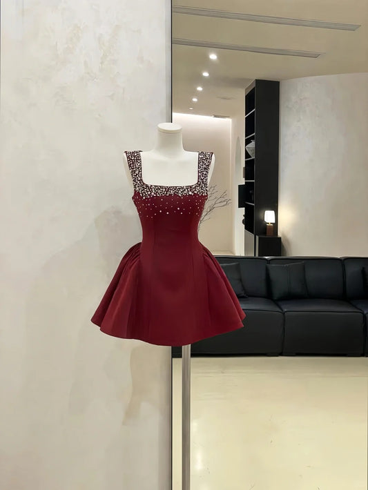Robe de soirée courte en satin, robe de bal, robe d'anniversaire, robe de princesse perlée, noire, blanche et bordeaux, gh4522