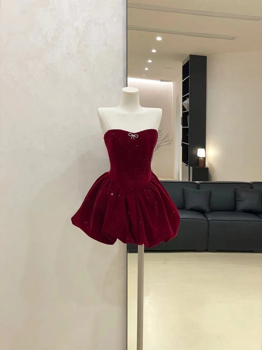 Robe de soirée courte en velours bordeaux/noir brillant, robe de bal, robe d'anniversaire, gh4526