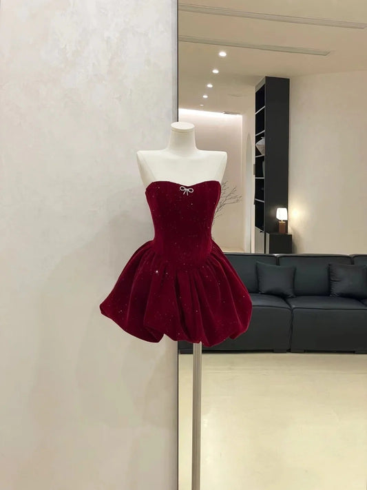 Robe de soirée courte en velours bordeaux/noir brillant, robe de bal, robe d'anniversaire, gh4526