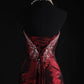 girlhomeshops-Burgundy Satin Beaded Strapless Sleeveless Floor-Length Ruffled Gown gh6316