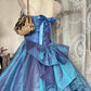Vintage-Ballkleid im Court-Stil, blau-violett Ombré, schulterfrei, aus Spitze, schimmernder Organza, gh7091
