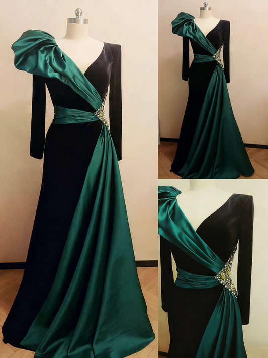 Emerald Satin & Black Velvet Long-Sleeve Beaded Formal Evening Gown gh6391