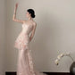 Pink Delicate Floral Long Chiffon Evening Gown Fairy Gown gh6759