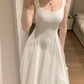 White Square Neck Spaghetti Strap Satin Tulle - Minimalist Elegant Bridesmaid/Date/Light Evening Midi Gown gh6981